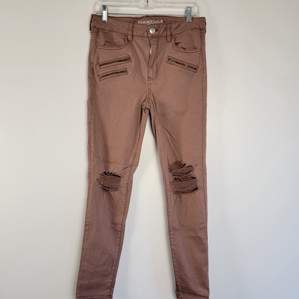 American Eagle Distressed Jeans Zipper Pockets Hi-Rise Jegging Super Stretch 10 - Picture 2 of 11